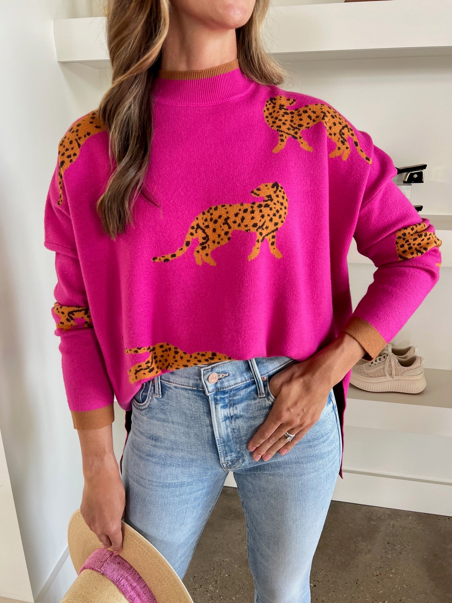 Fuchsia Animal Jacquard Knit Sweater