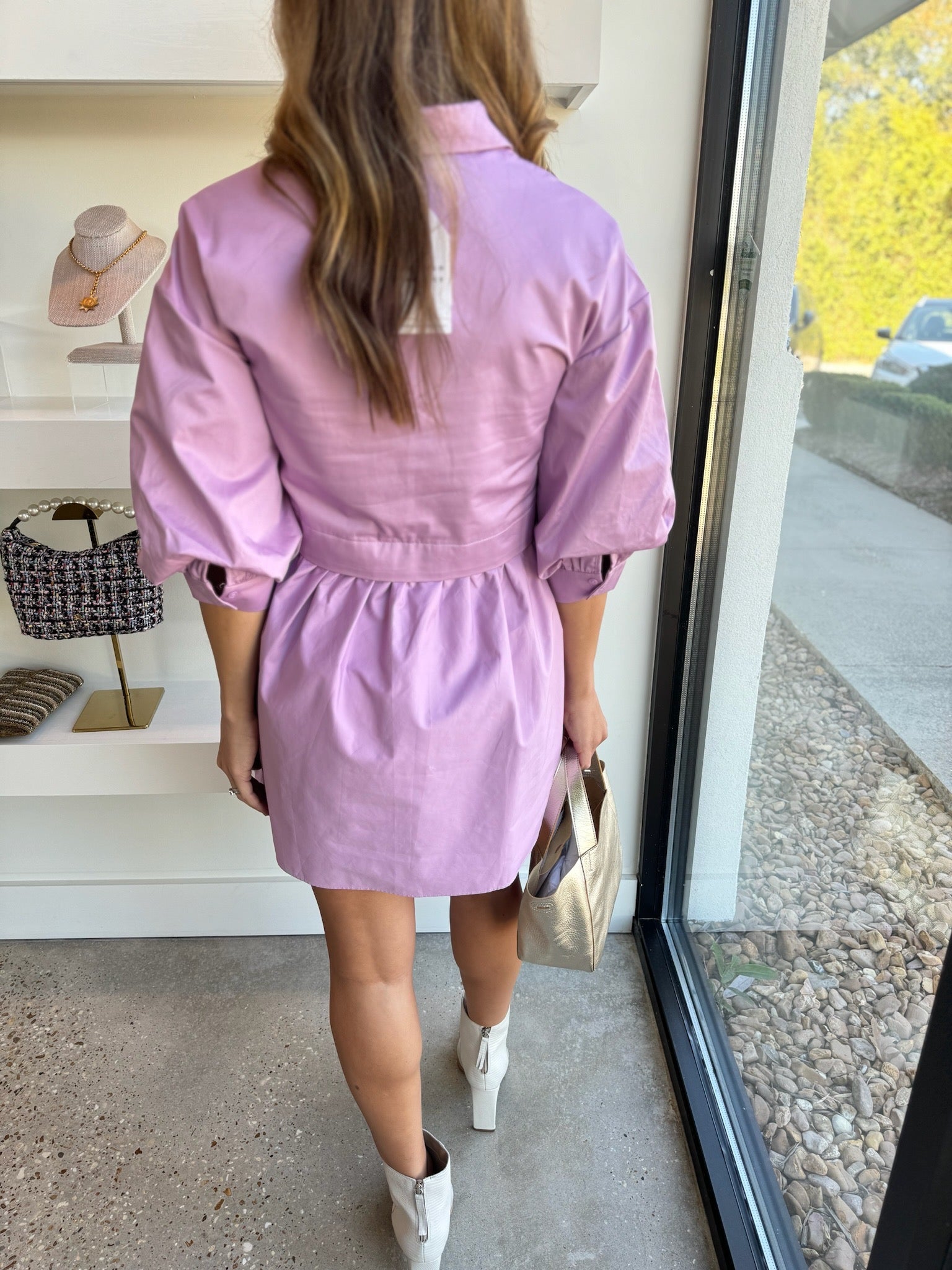 Lilac Puff Sleeve Shirt Dress - Amor Lafayette
