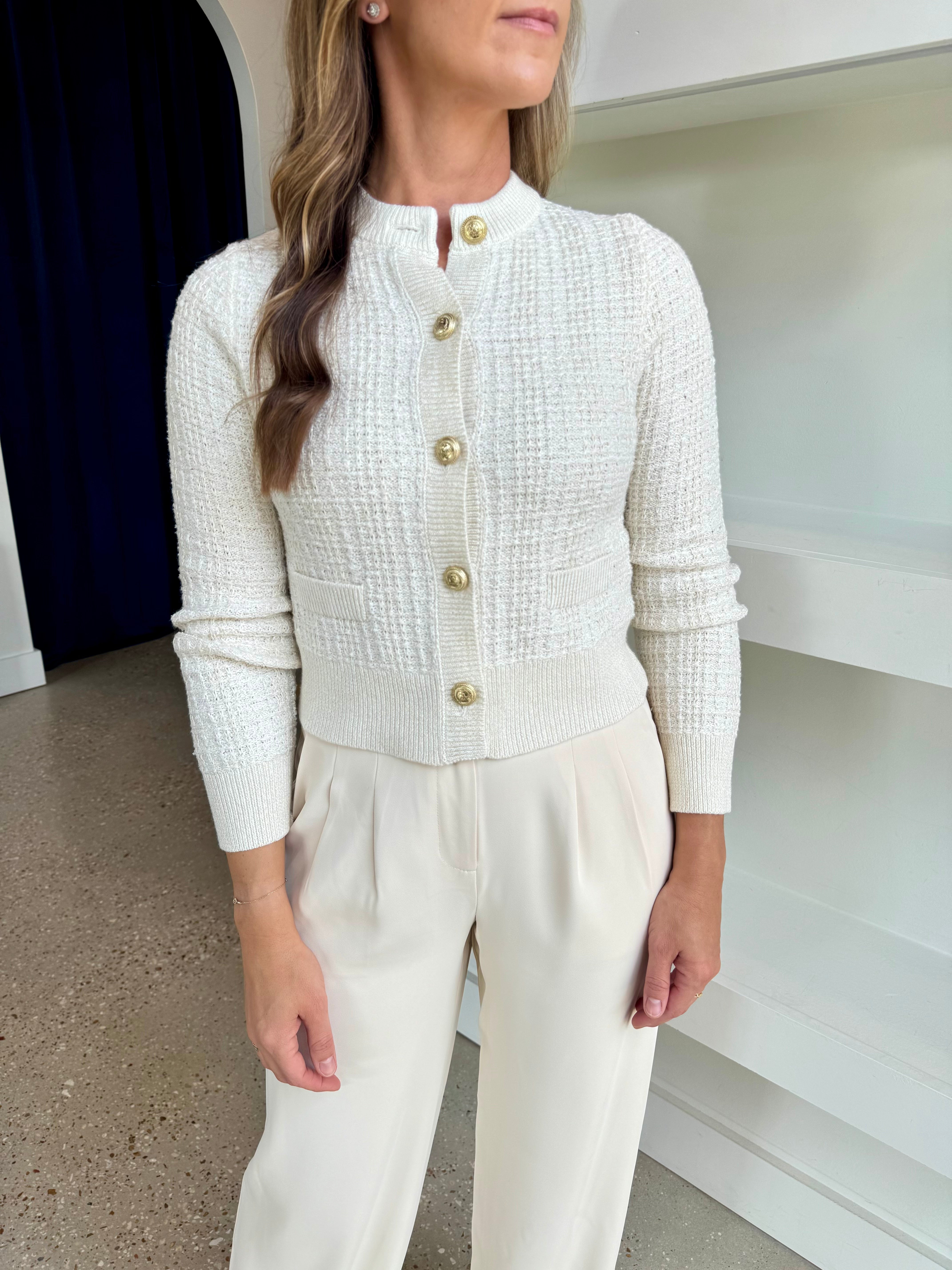 Classic Cream-Gold Lurex Tweed Knit Cardigan