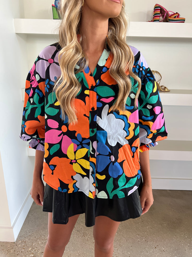 Black Floral Poplin V-Neck Puff Top