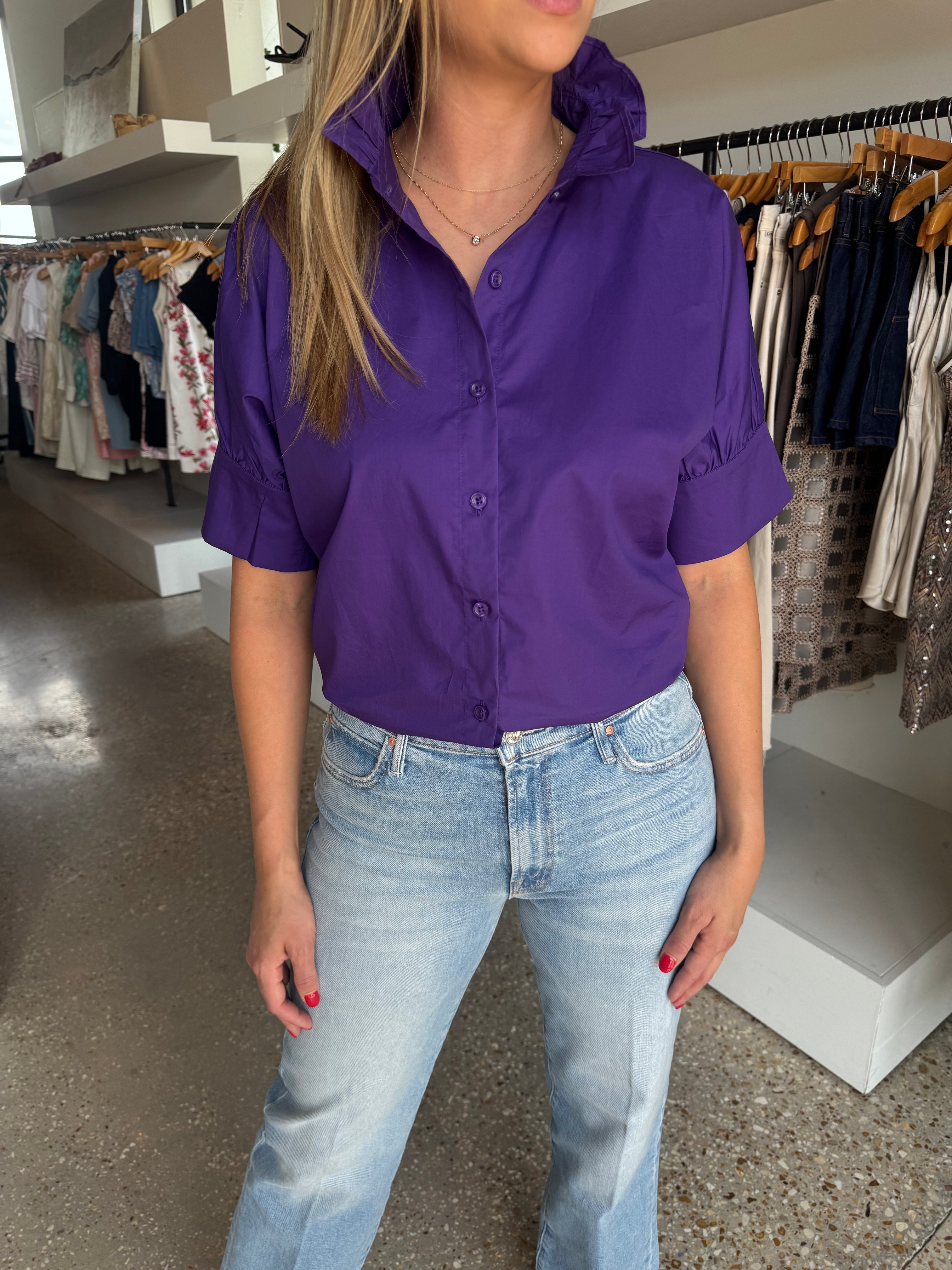 Mansy Women's Summer Ruffle Sleeve V-Neck Top - Eyelet Detail Tunic Blouse In Purple, Size Medium