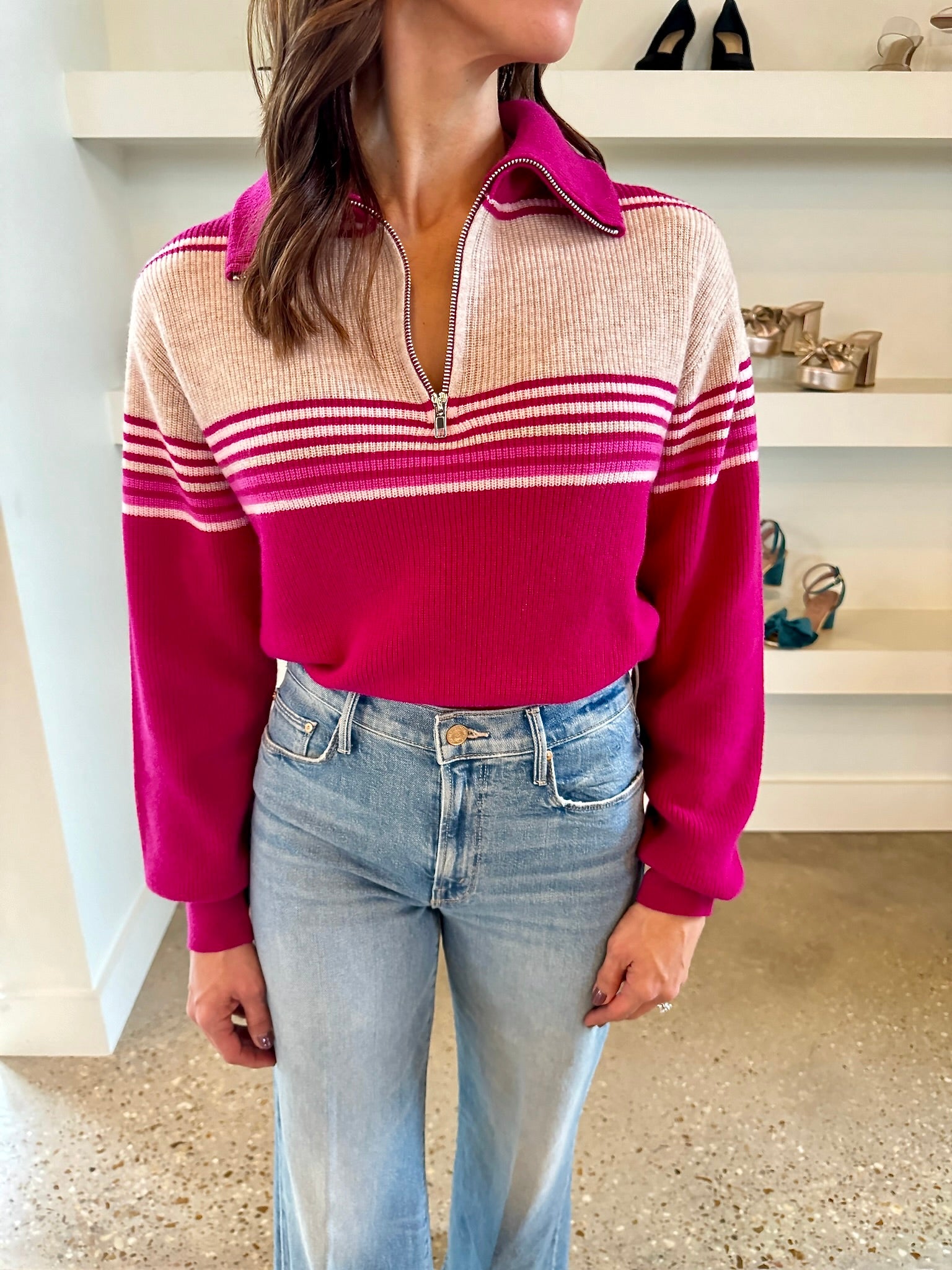 Fuchsia Stripe Wool Cashmere Stripe Half Zip Sweater