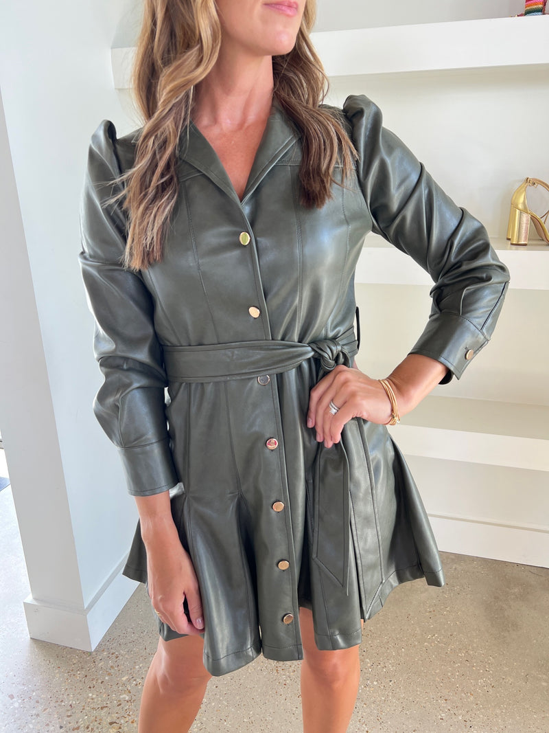 Army Vegan Leather Button Up Dress