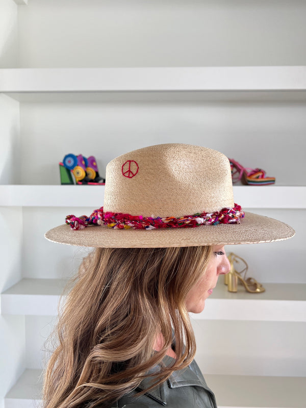 Palm Hat - Natural w/ Red Peace Sign*