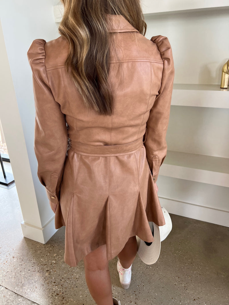 Copper Vegan Leather Button Up Dress