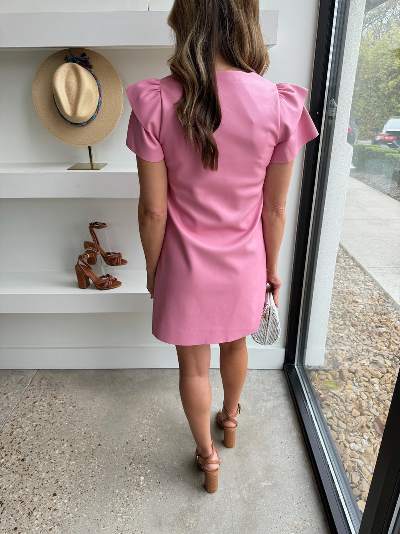 Pink Flutter Sleeve Vegan Leather Dress