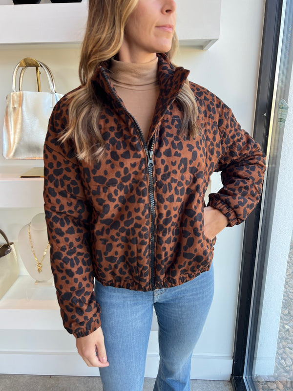 Brown Leopard Cord Puffer Jacket