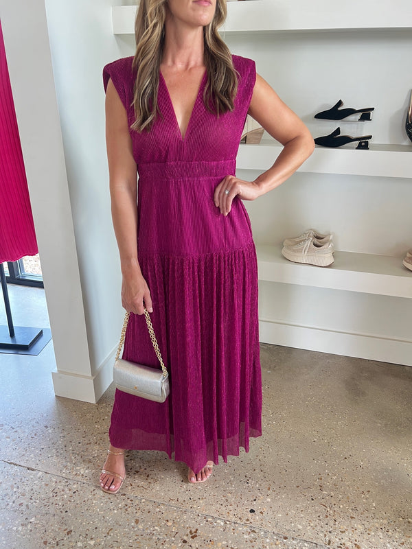 Karina Grimaldi Hot Pink Mernet Midi Dress - A dazzling midi dress featuring metallic fabric and a sultry plunge neckline, perfect for making a bold and stylish statement.