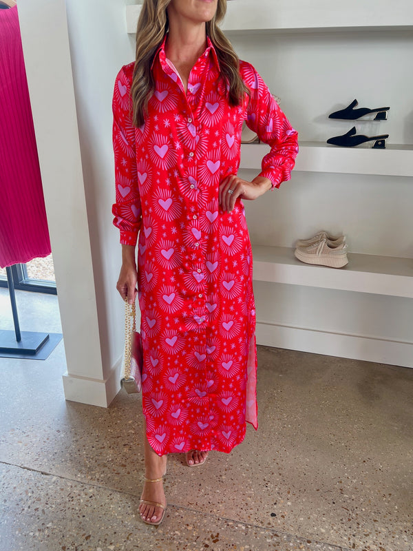 Pink/Red Hearts Camisero Midi Dress in soft satin with a button-up style, a versatile and stylish addition to your collection.