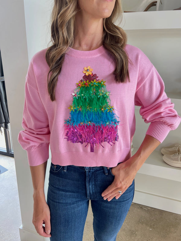 Queen Of Sparkles Light Pink Cropped Rainbow Feather Tree Sweater - Stylish and Playful Pink Sweater