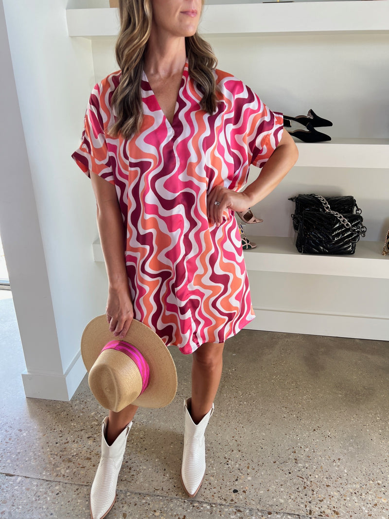 Abstract Satin Swirl V Neck Dress