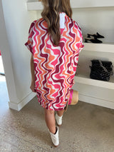 Abstract Satin Swirl V Neck Dress