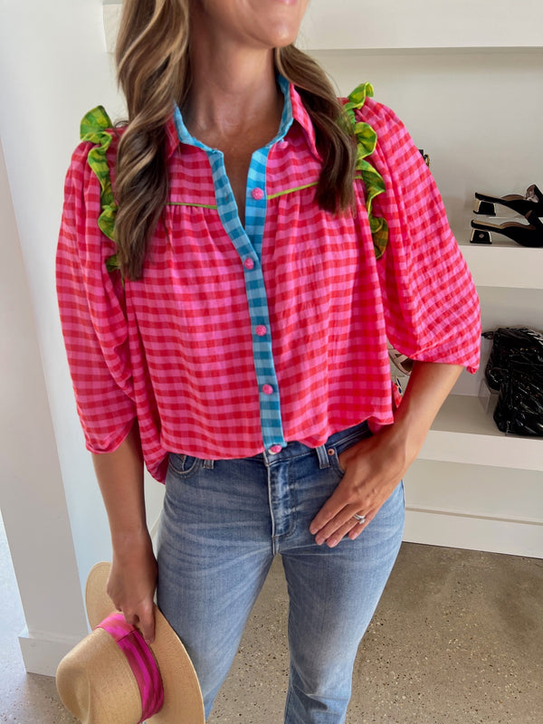 Colorblock Ruffle Plaid Top