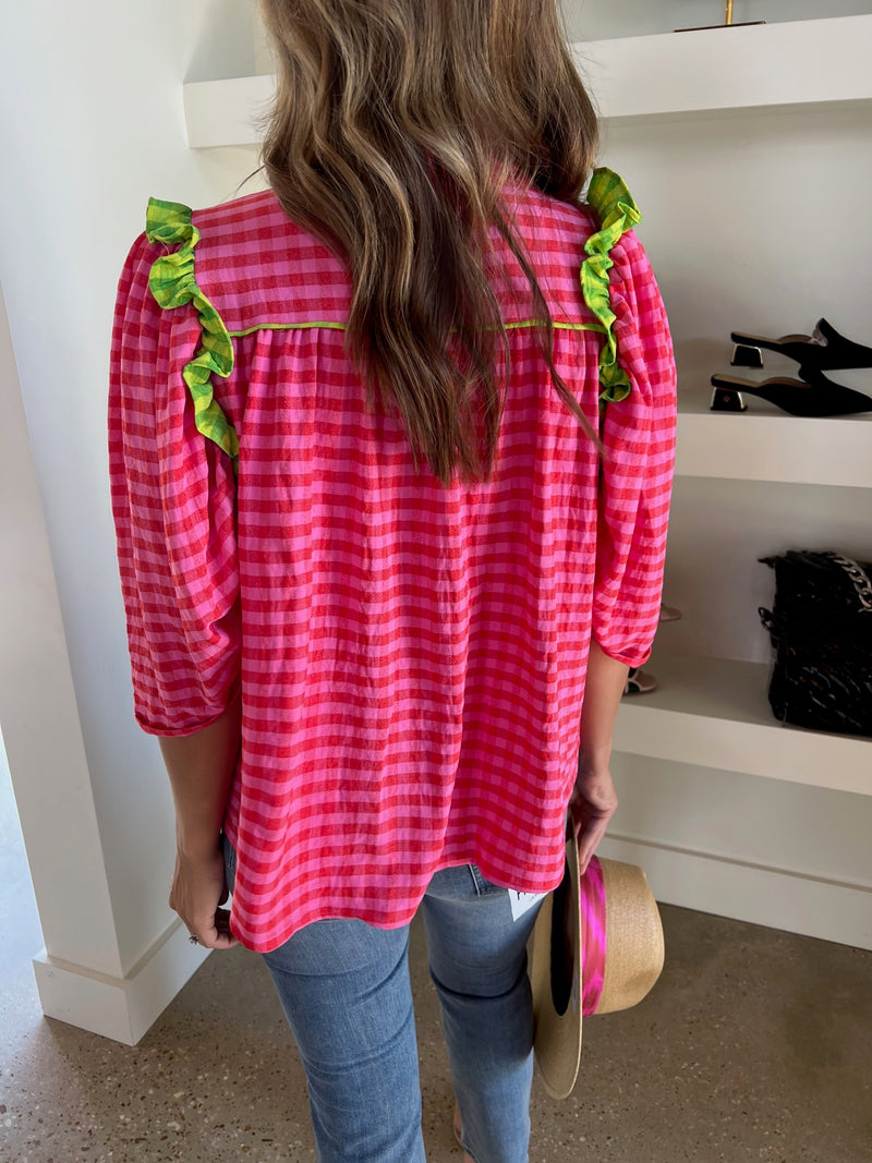 Colorblock Ruffle Plaid Top