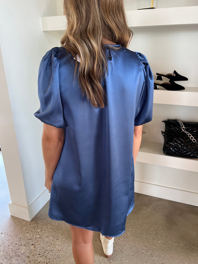 Blue Signature Puff Sleeve Dress