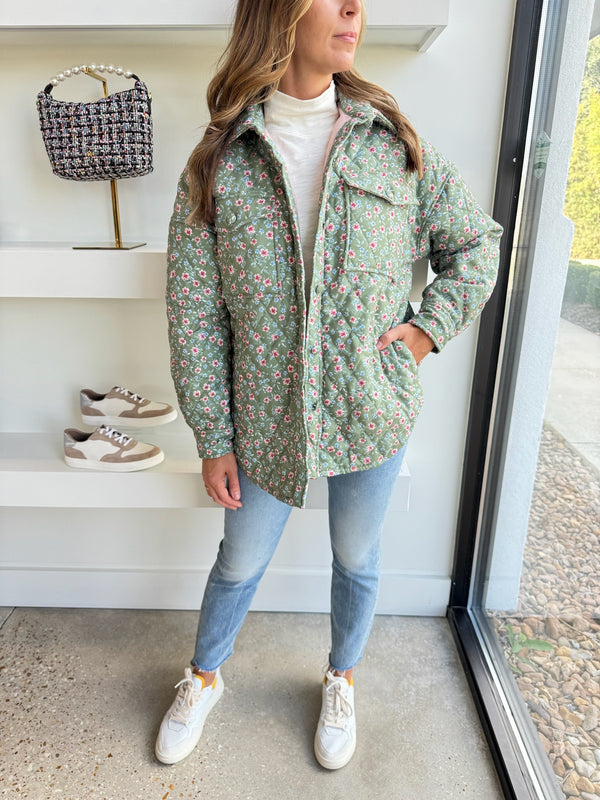 Green Floral Ditzy Quilted Shacket