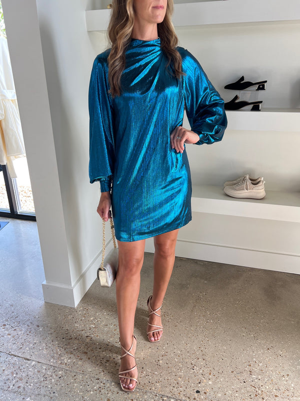 Metallic Turquoise Long Sleeve Pleat Mini Dress by One33 Social, a stunning and elegant dress that adds a touch of luxury to any occasion.