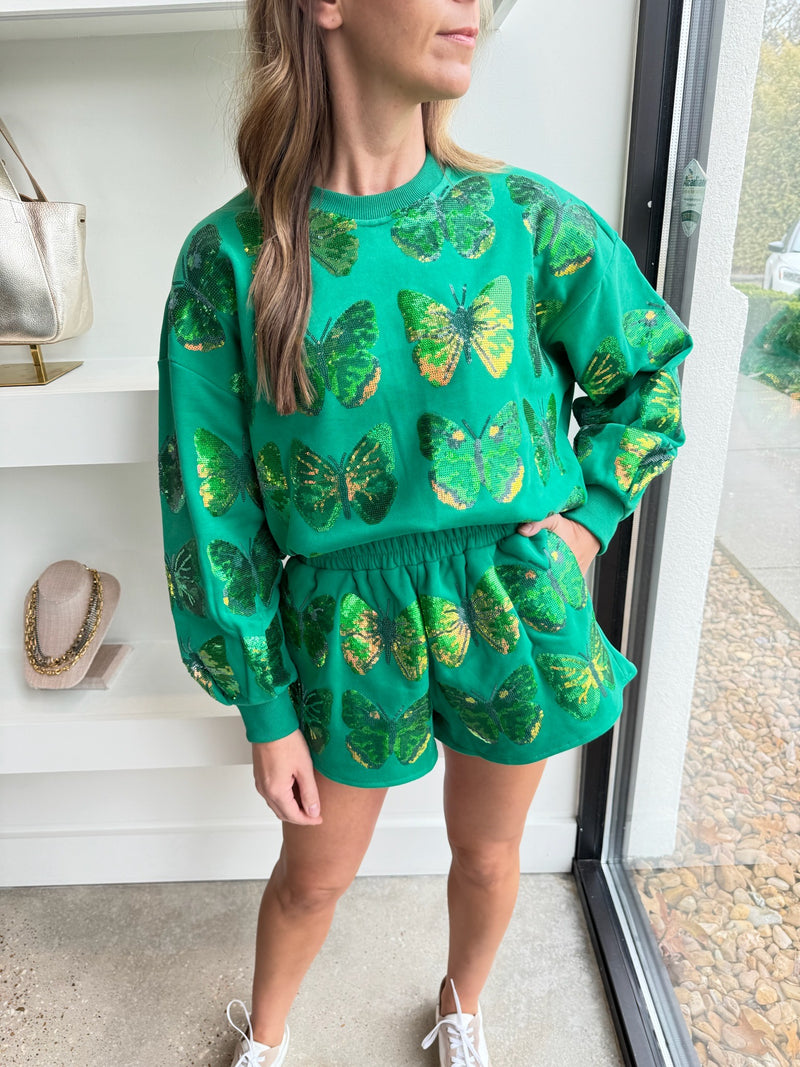 Green Sequin Scattered Butterfly Sweatshirt