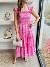 Pink Smocked Tiered Midi Dress