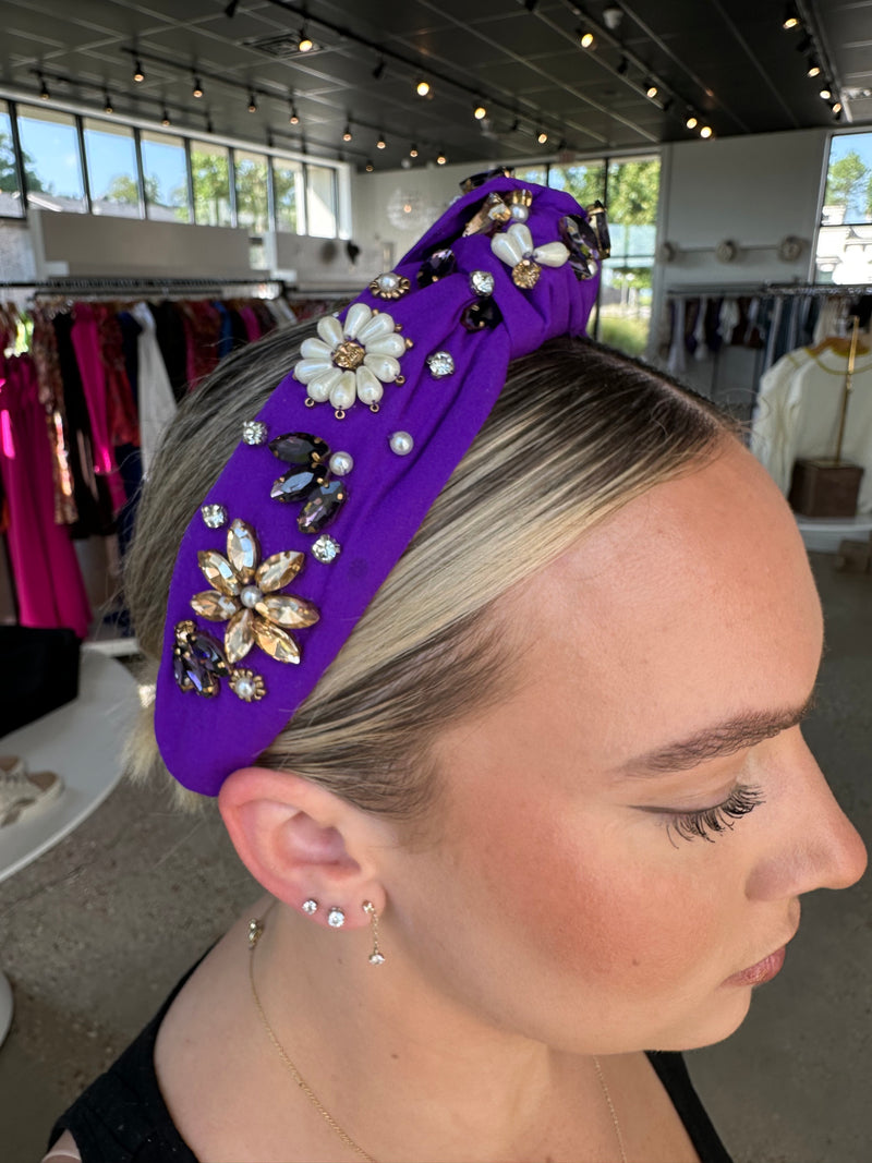 Purple/ Pearl Flowers Knotted Headband