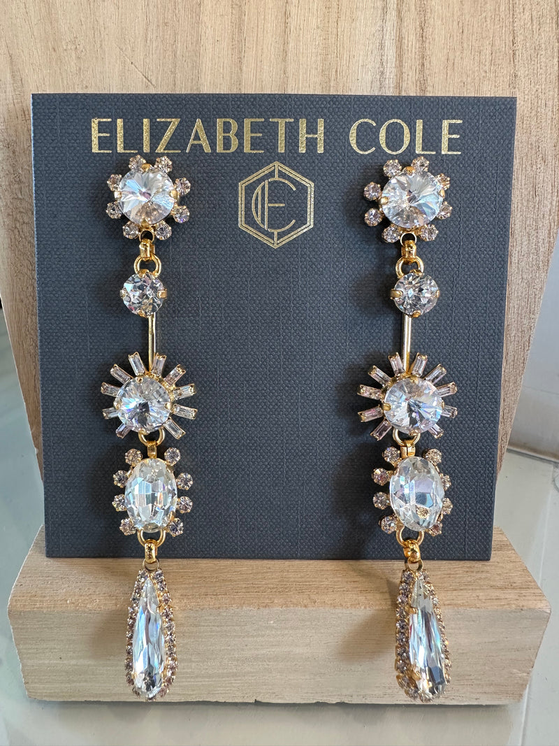 Elizabeth Cole Astraea Earrings - Striking 4-inch length earrings featuring dazzling crystal stones, perfect for making a bold and glamorous fashion statement