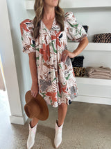 Tan Floral Poplin V Neck Puff Sleeve Dress