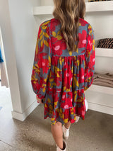 Blue/Red Floral Chiffon Tier Dress