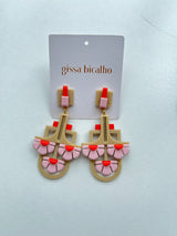 Khaki/Pink 3 Flowers Earrings