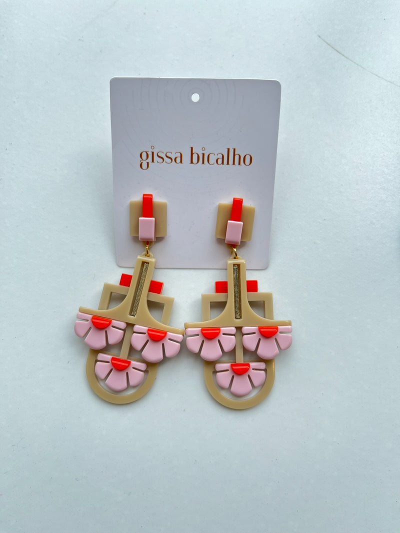 Khaki/Pink 3 Flowers Earrings