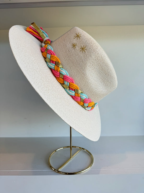 White Hat with Braided Band/Gold Burst