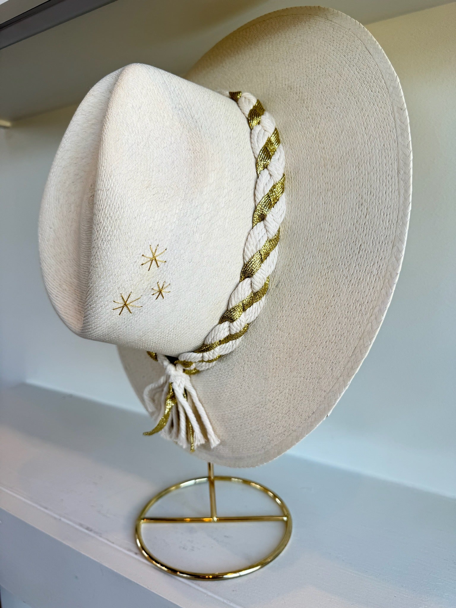 White Hat with Gold Braided Band Gold Burst