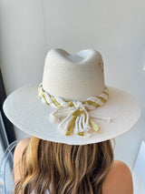 White Hat with Gold Braided Band/Gold Burst