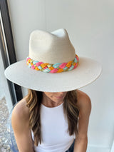 White Hat with Braided Band/Gold Burst