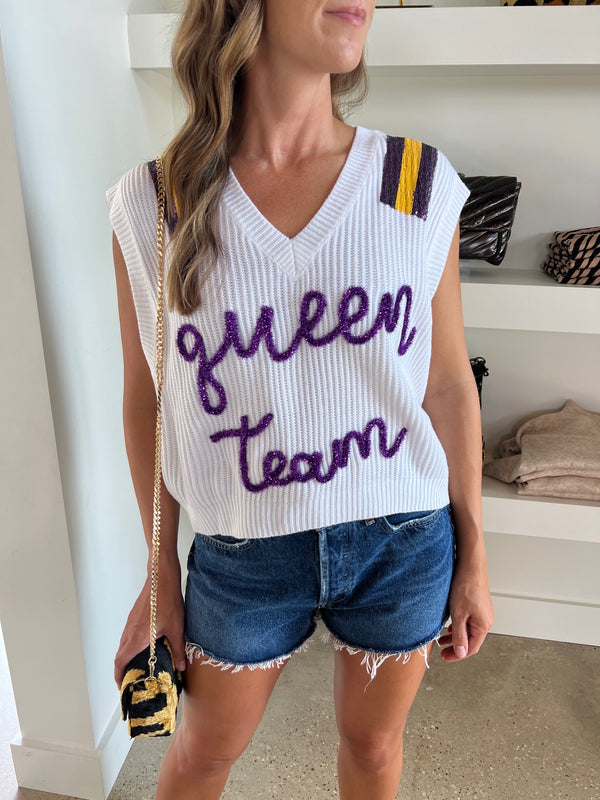 Purple & Yellow Queen Team Glitter Script Sweater Vest