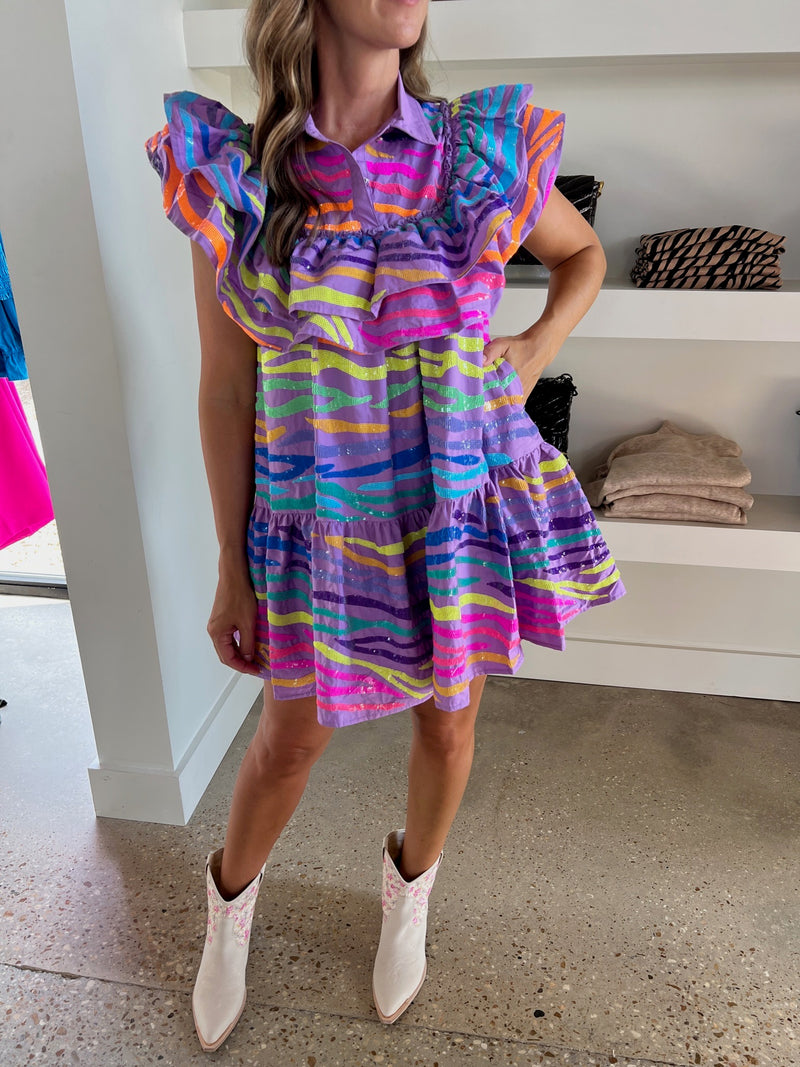 Lavender & Neon Tiger Stripe Ruffle Dress
