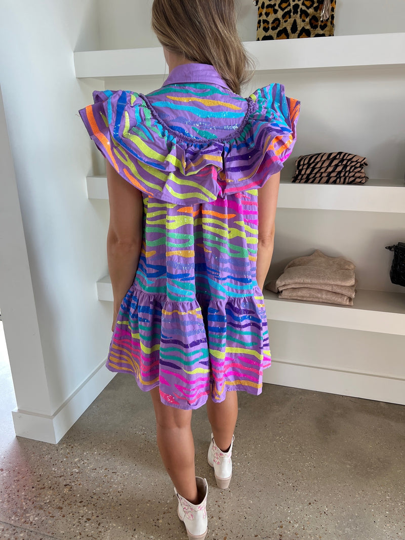 Lavender & Neon Tiger Stripe Ruffle Dress