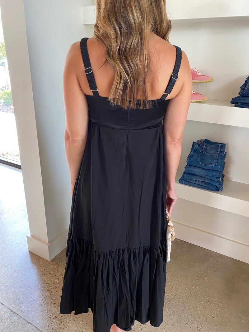 Black Square Neck Sleeveless Shirred Tiered Midi Dress