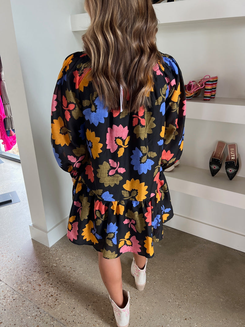 Black Floral Avery Smocked Dress