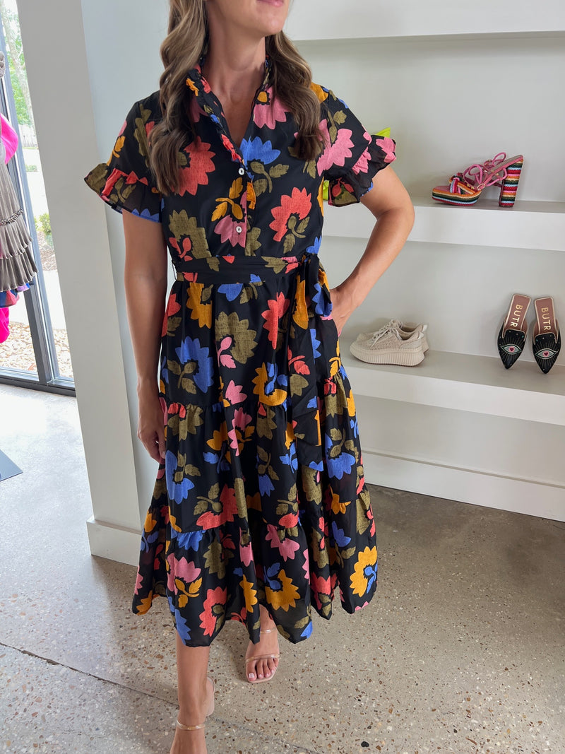 Black Floral Avery Button Up Midi Dress