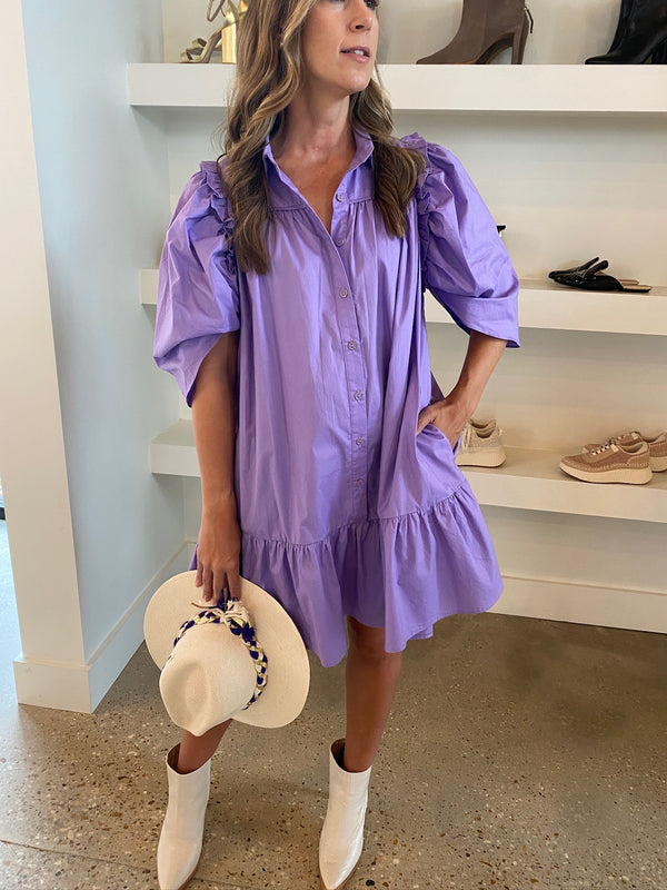 Purple Poplin Puff Sleeve Button Up Dress by Karlie, a stylish and elegant dress in vibrant purple, perfect for adding sophistication to your look.