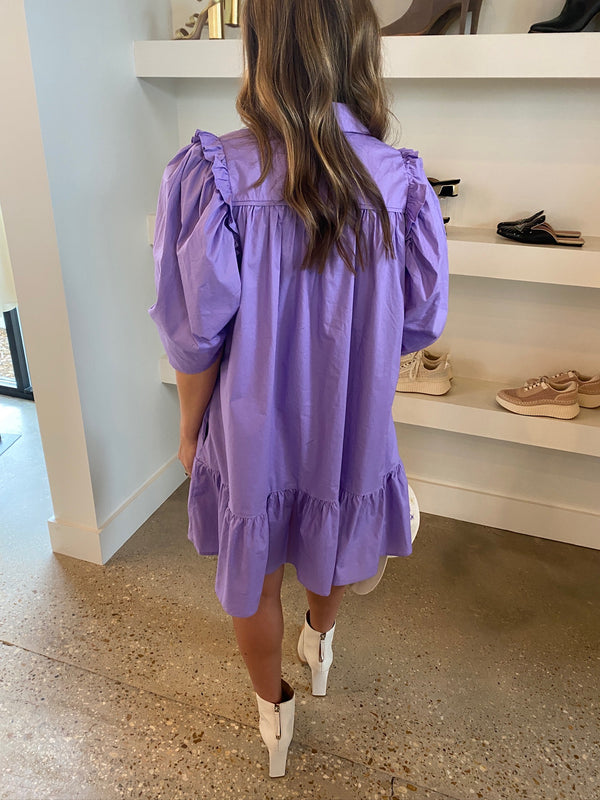 Purple Poplin Puff Sleeve Button Dress