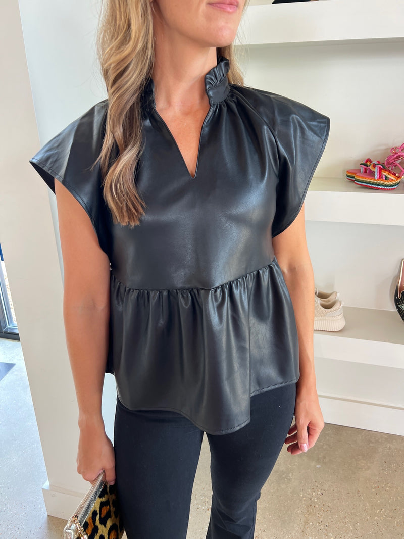 Black Faux Leather Peplum Top