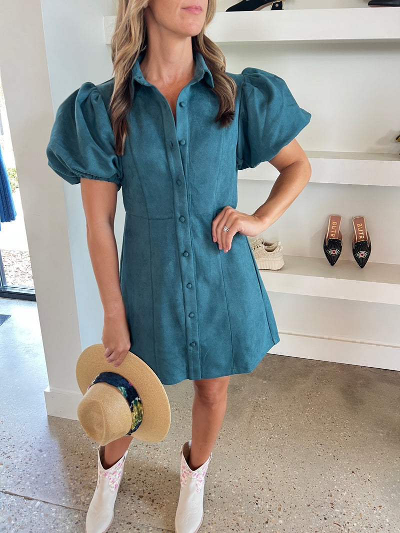 Teal Suede Collared Button Down Dress