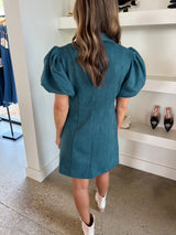 Teal Suede Collared Button Down Dress