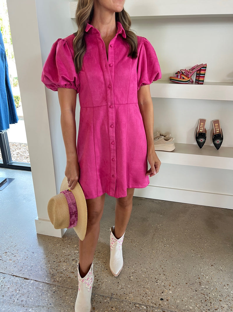 Pink Suede Collared Button Down Dress