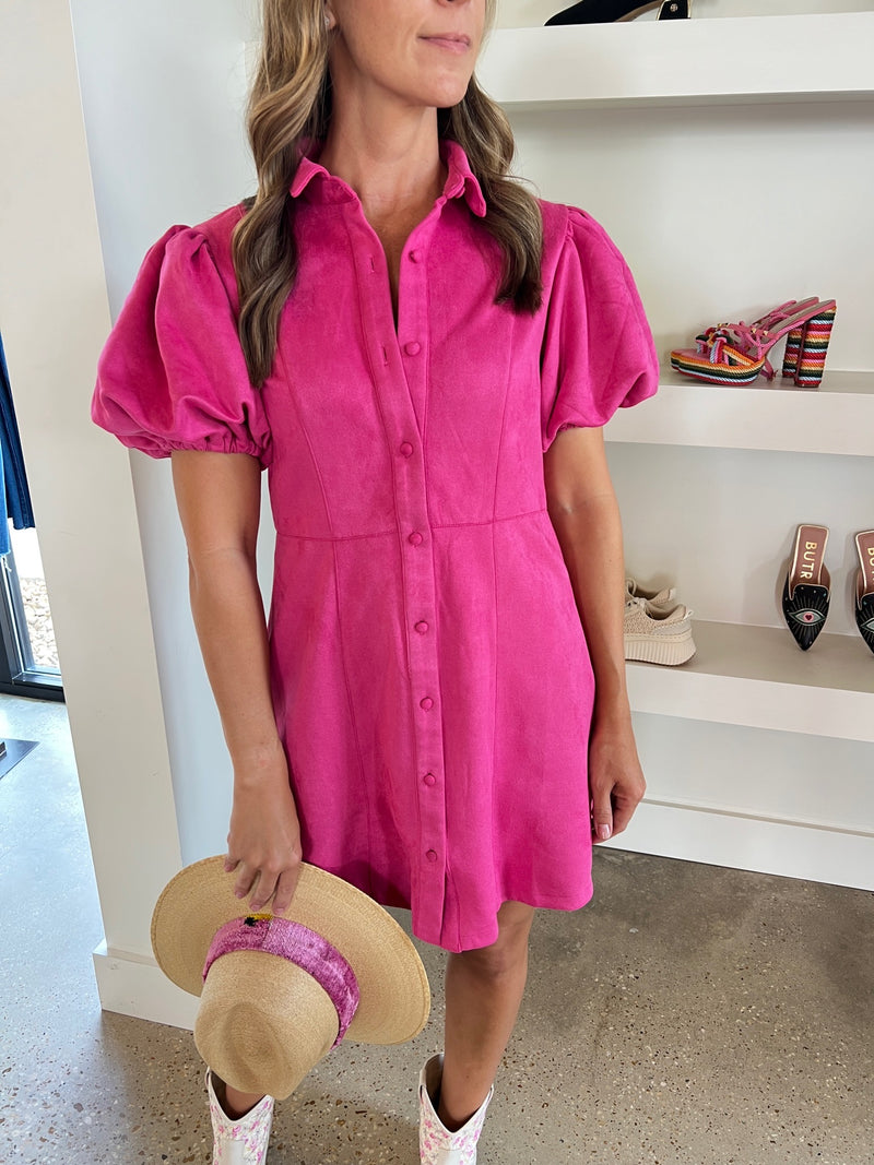Pink Suede Collared Button Down Dress