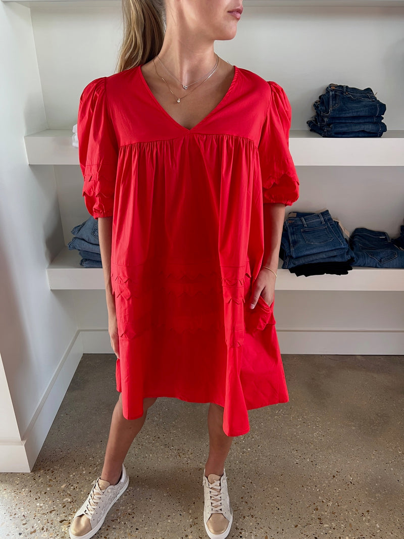 Red Poplin Scallop Dress