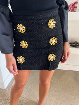 Black Tweed Embellished Mini Skirt