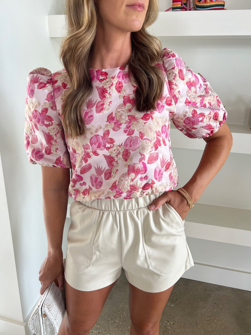 Cropped Puff Sleeve Flower Print Top