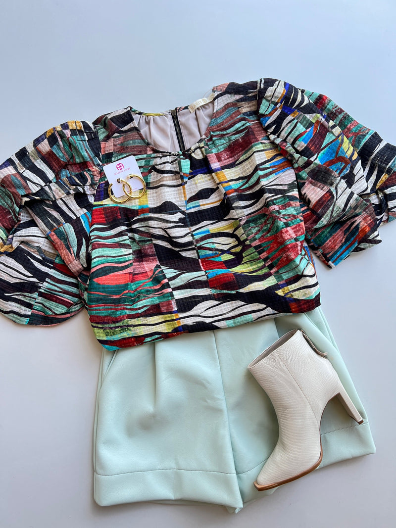 Marie Olive Prism Harly Top with 3/4 Sleeves - Stained Glass Print